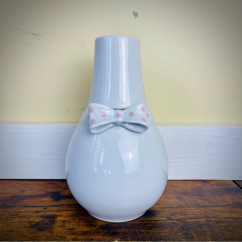 Elegant White Ceramic Bedside Water Carafe with Pink Polka Dot Bow and White Cup